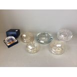 Glass flower bowl, paperweight, ashtray & lidded containers