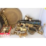 Brass ware: Peacock tail rife screen, 2 cannons, large brass tray, horse brasses, shire horses