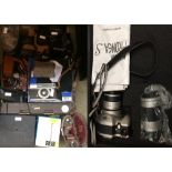 Collection of old cameras, binoculars, modern digital photo printer etc