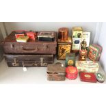 2 1950s suitcases, 1960 Prestige kitchen tool set (boxed) large selection of tins & boxes, vintage