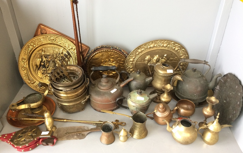 Quantity of of Asian & European brass, copper & metal ware, brass coaching horn