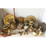 Quantity of of Asian & European brass, copper & metal ware, brass coaching horn