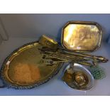 Quantity of brassware including trays, fire irons etc