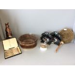 Wooden coopered bowl, 2 papier mache leather racks, gong with wall mounting, set of EPNS tea knives,