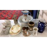 Quantity of general household china including ewer & basin, figurines, vases, pressed glass &