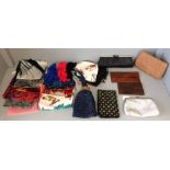 Qty of head scarves, 5 assorted evening bags, & wallets