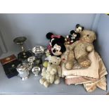 Mixed silver plate, brass trivett, straw filled bear early C20th, Micky Mouse and embroidered quilt