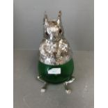 Green glass with white metal Squirrel biscuit barrel