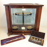 1950s School lab glass cased balance by Baird & Tatlock complete with cased set of weights, &