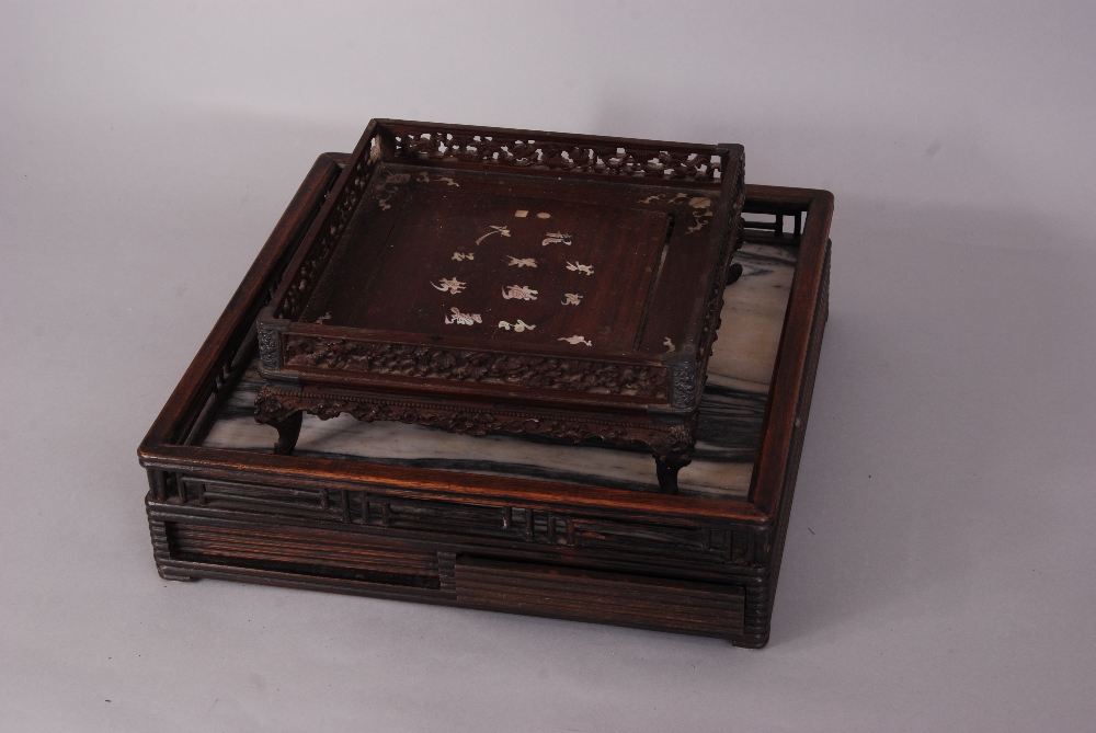 Chinese marble-inset hardwood square tray; together with a mother-of-pearl inlaid hardwood square