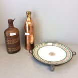 Brass & copper bottle, leather covered bottle & C19th warming plate