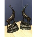 Pair of bronze stags & marble bases, in the style of & signed by Moigniez 73cm