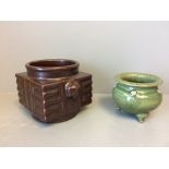 Chinese censers x 2, 1 green 10 x 8.5cm H, 1 Brown 15 x 12cm H
