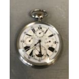 Very large (8cm dia) multi functional 'Goliath' pocket watch. Time, second hand, date, day &