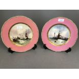 Pair of hand painted Copeland plates with a pink ground & gilt. 1 of Margate, the other 'Wreck of