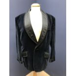 vintage bespoke navy blue silk velvet smoking jacket Collar to hem 77cm, armpit to cuff 41cm