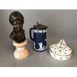 C19th Wedgwood Jug, Bronze head on marble base and a Minton dish (3)