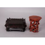 Chinese Zitan rectangular stand, 16cm wide, 8.5cm h; together with a boxwood root-form stand (2)