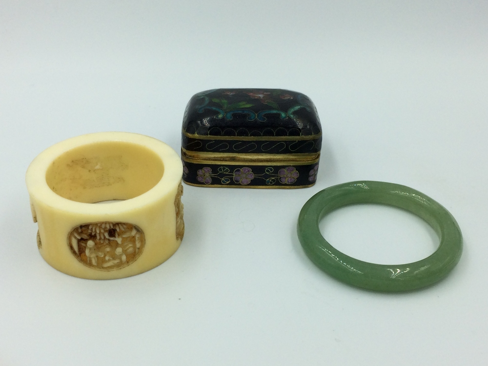 Chinese cloisonne box, jade bangle & ivory napkin ring - Image 2 of 2