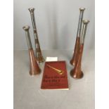 4 Hunting horns, 1 by Kholer & sons, 2 plain sealed horns & a banded one, & the Kholer book on