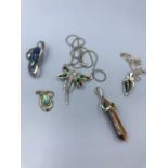 5 Silver pendants to include an enamel dragon fly, 2 abalone shells set pendants & 2 others