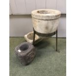 Large stone mortar on stand, & 2 smaller stone mortars