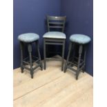3 Bar stools painted grey & upholstered in blue fabric