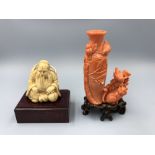 Chinese C19th coral vase of a bird & cat, & ivory miniature figure 4cm high (2)Provenance of lots