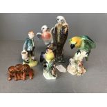 Beswick Doves and Beswick Parrot, Doulton Jack, Doulton Chaffinch, Beswick dogs (5)