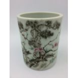 Chinese ceramic brush pot decorated with Prunus