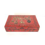 Early C20th Cinnabar work box with hardstone details 32 x 18 x 7cm