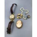 Yellow metal shell cameo brooch, a cultured pearl bracelet, watch and other items