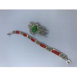 Silver & marcasite panel bracelet, with a marcasite & green cabochon Art Deco style brooch