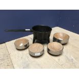 4 Hardwood & metal salts & bronze skillet