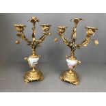 Pair of gilt metal & porcelain 3 branch candelabra 34cm