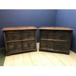 C20/19th matched pair of oak chest of 4 drawers with chip carved decoration