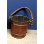 Wood and brass bound bucket with leather handle, 30cm H