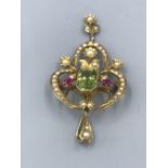 Art Noveau 15ct gold peridot ruby and seed pearl pendant brooch 4.8g