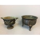 2 Bronze censers, 1 standing 10 X 9.5cm H, 1 with 3 legs 13.5 X 10cm H