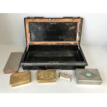 Black metal lock box SRD 663 containing m2 WWII christmas gift tins, an arts & crafts pewter boc
