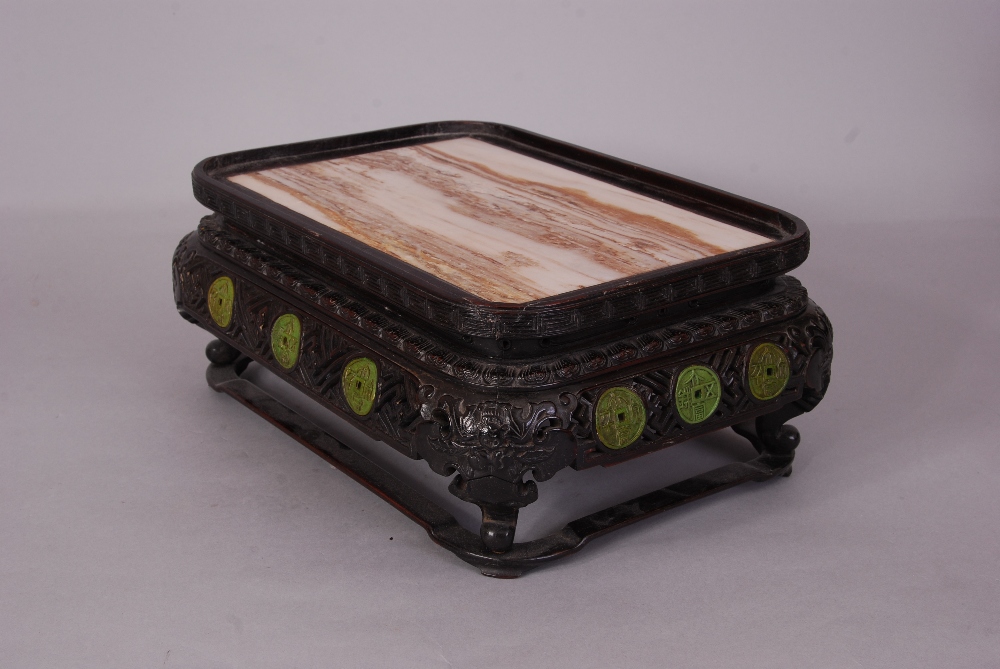 C18th/19th Chinese marble-inset Zitan rectangular stand, 13cm high, 31cm wide, 22cm deep - Image 2 of 3