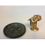 2 x Bronze items, Figure of a wood carrier 8.5cm H, plaque 11cm W