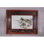 C20th Chinese famille rose rectangular plaque, depicting a landscape scene with a river, boats,