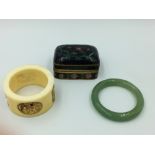 Chinese cloisonne box, jade bangle & ivory napkin ring