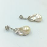 Pair of 18ct white gold Baroque pearl & diamond drop earrings 1ct diamonds approx