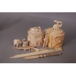 A group of mixed C19th ivory carvings.