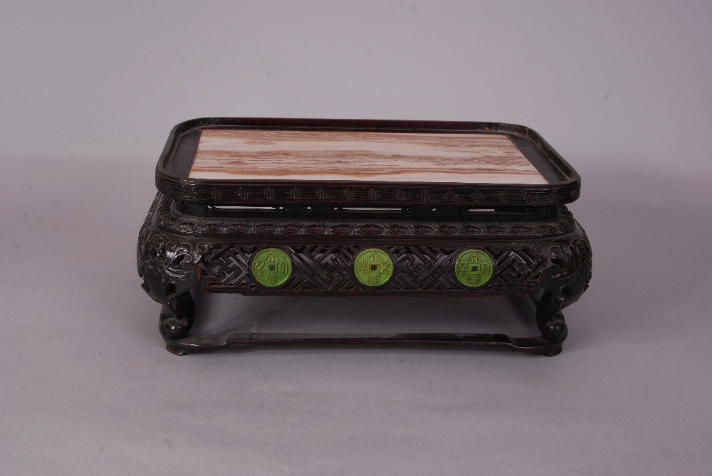 C18th/19th Chinese marble-inset Zitan rectangular stand, 13cm high, 31cm wide, 22cm deep