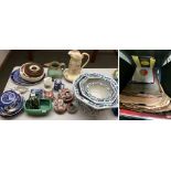 Set of 3 planters together with jugs, plates & other china, wheel barometer & small selection of