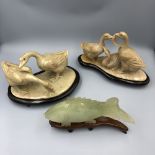 Chinese C20th jade carving of a fish, 14cm Long, & a soap stone carving of 2 geese on stand, & a