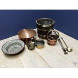 Various copper & brass items, including oak and brass peat buckets, planter, mould etc